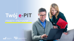 Banner akcji Twój e-PIT przedstawie dwoje ludzi przed laptopem