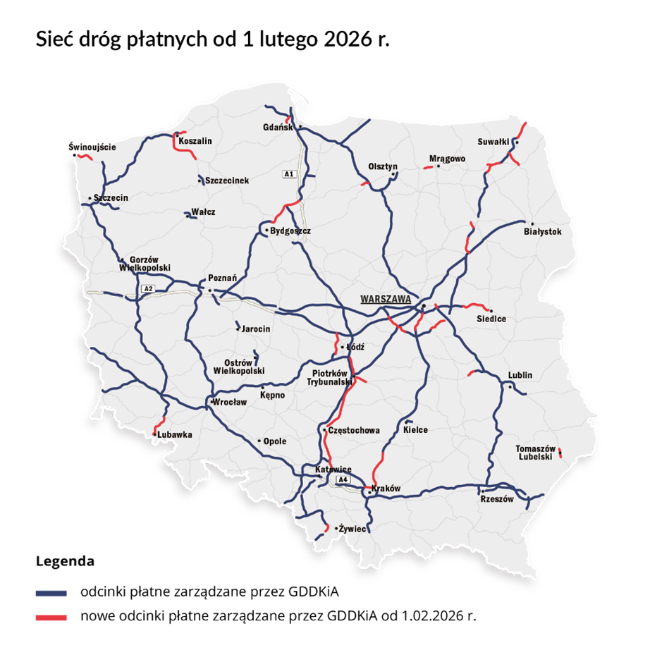 Mapa Polski. Sieć dróg płatnych od 1 lutego 2026 r.