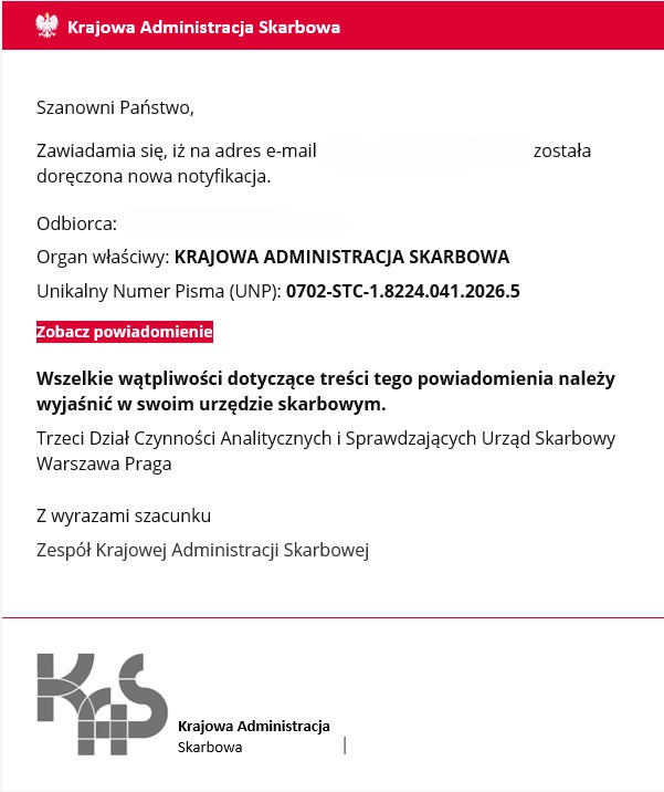 Przykład fałszywego powiadomienia z Krajowej Administracji Skarbowej