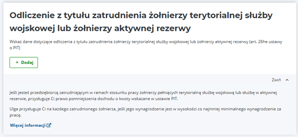 Informacja Odliczenie z tytułu zatrudnienia żołnierzy terytorialnej służby wojskowej lub żołnierzy aktywnej rezerwy.