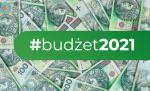 W tle banknoty, na zielonym polu napis #budżet 2021.