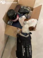 Pies w kamizelce służba celno-skarbowa stoi przy kartonie. W lewym górnym rogu logo KAS.   