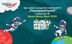 Na środku napis: Weź udział w programie edukacyjnym Finansoaktywni i włącz się do Global Money Week 2024. w lewym górnym rogu znajduje się logo Finansoaktywni (czerwono-szara rakieta).