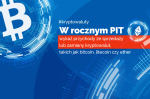 Napis na niebieskim tle „#kryptowaluty W rocznym PIT wykaż przychody ze sprzedaży lub zamiany kryptowalut takich jak bitcoin, litecoin czy ether